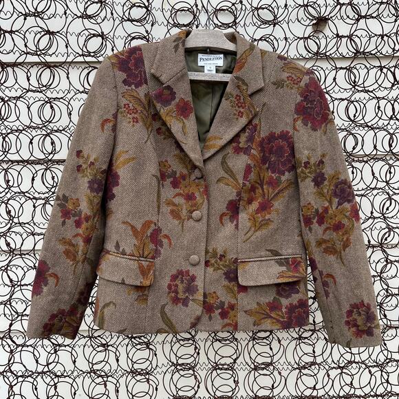 Pendleton Green Floral Leaf Fall Wool Blazer Size 10 - Picture 1 of 7